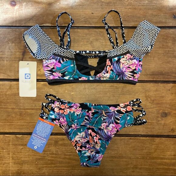 NWT Kuleana Swimsuit Tropical 2 Piece Bikini Bandeau Ruffle Top Bottoms Small - Picture 12 of 14